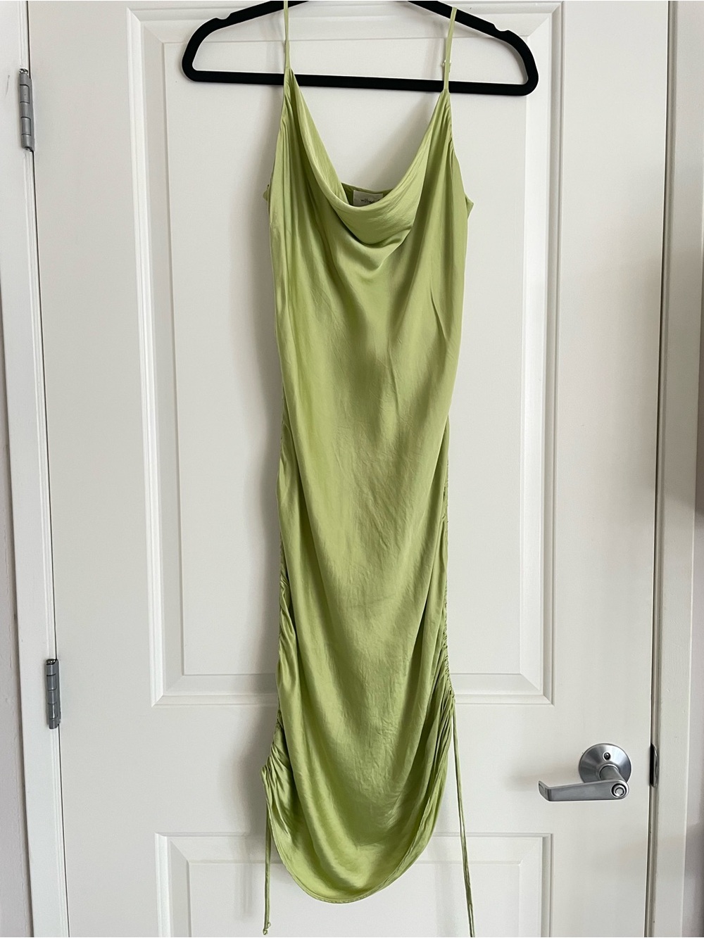 Aritzia Wilfred Dress Womens M Green Satin Slip Cowl Neck Ruched Mini Party - Picture 2 of 6